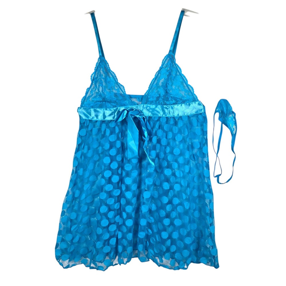 Music Legs Turquoise Polka Dot Mesh Babydoll Lingerie Set Blue Queen Size NEW